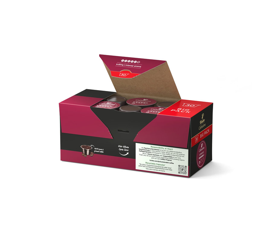 Açık, koyu kırmızı ve siyah renkli 30'lu Espresso Intense Aroma kapsül kutusu. İçinde birkaç koyu kahve kapsülü görünüyor.