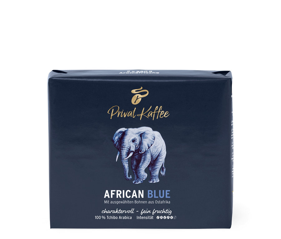 Bir paket Privat Kaffee African Blue - 500 g Öğütülmüş kahve.