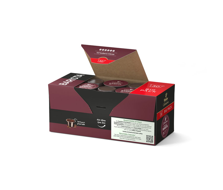 Açık, kahverengi kahve kapsülleri ambalajı. Ambalajın üzerinde "BARISTA" ve "30 BIG PACK" yazmaktadır.