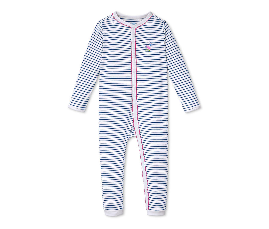 Mavi-beyaz çizgili, uzun kollu, fermuarlı pijama.