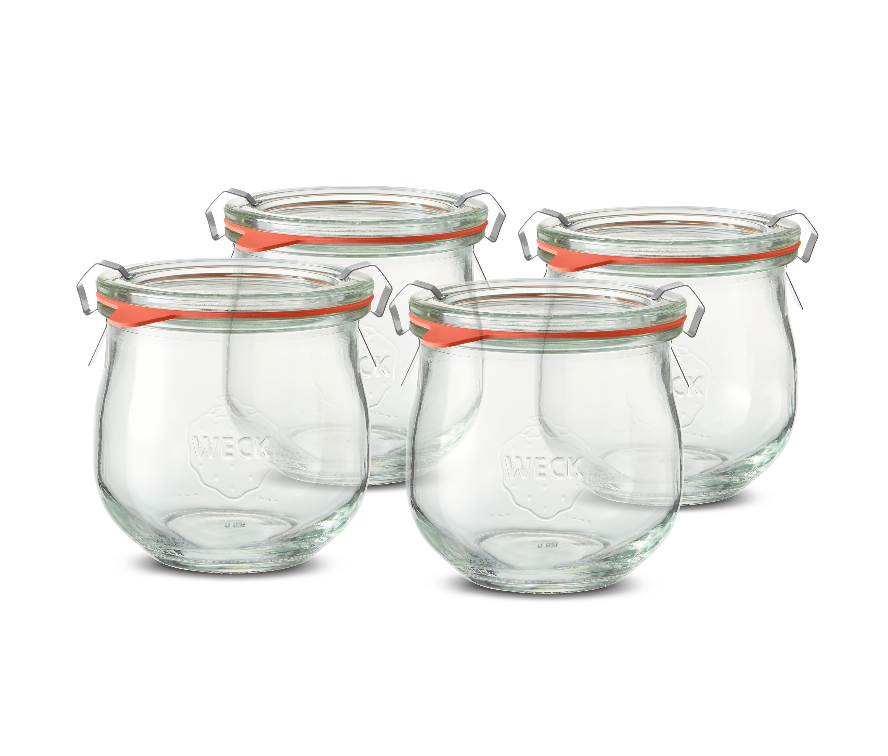 Turuncu lastik contalı ve metal klipsli dört reçel kavanozu.