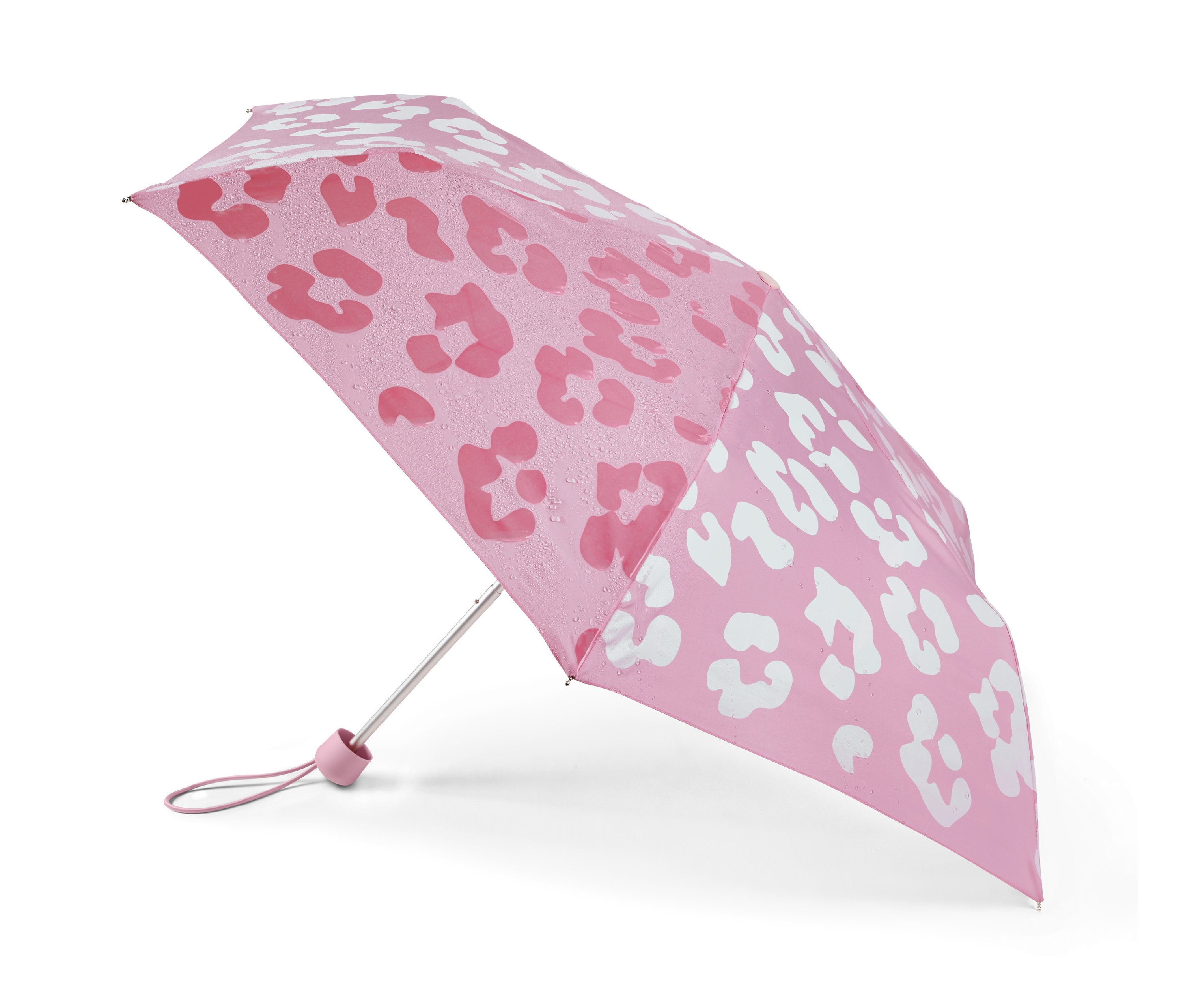 Pembe hayvan desenli, renk değiştiren çocuk cep şemsiyesi yakından çekilmiş.