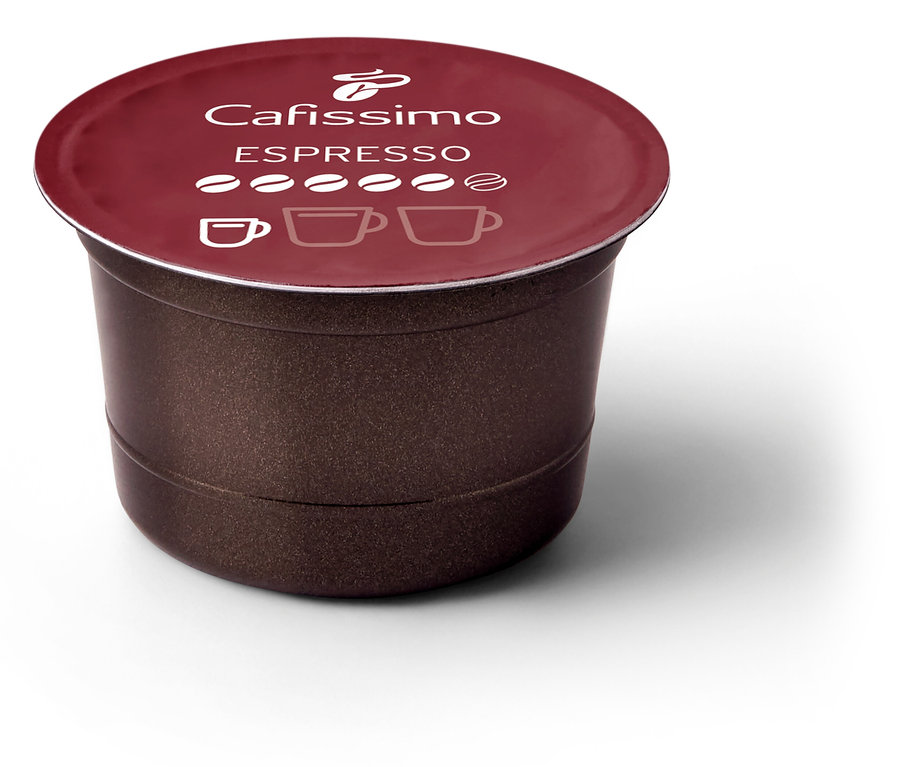 Bordo kapaklı kahverengi Cafissimo Espresso Intense Aroma kapsülünün detayı.