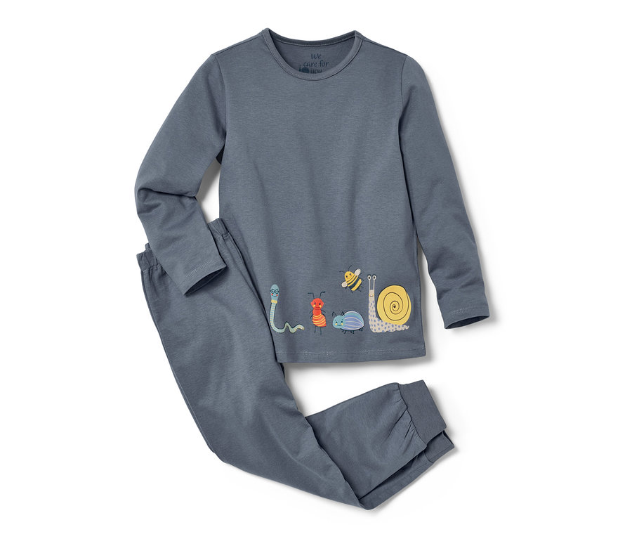 Böcek desenli mavi küçük çocuk pijama takımı.