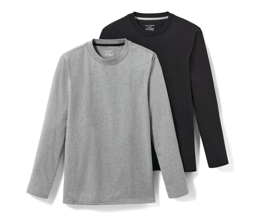 İki adet uzun kollu tişört, biri gri ve biri siyah. 