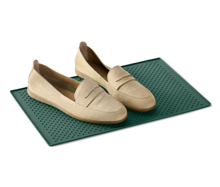 Yeşil mama kabı altlığının üzerinde iki bej loafer ayakkabı.