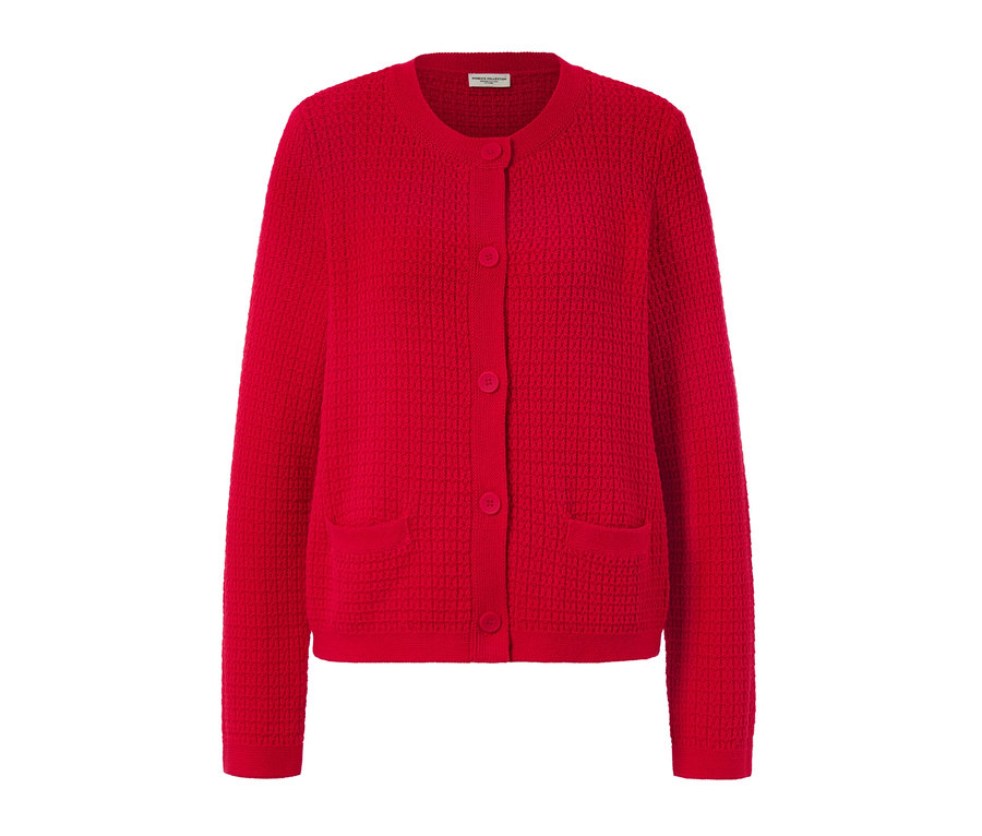 Düğmeli ve cepli dokulu örgü kırmızı hırka.