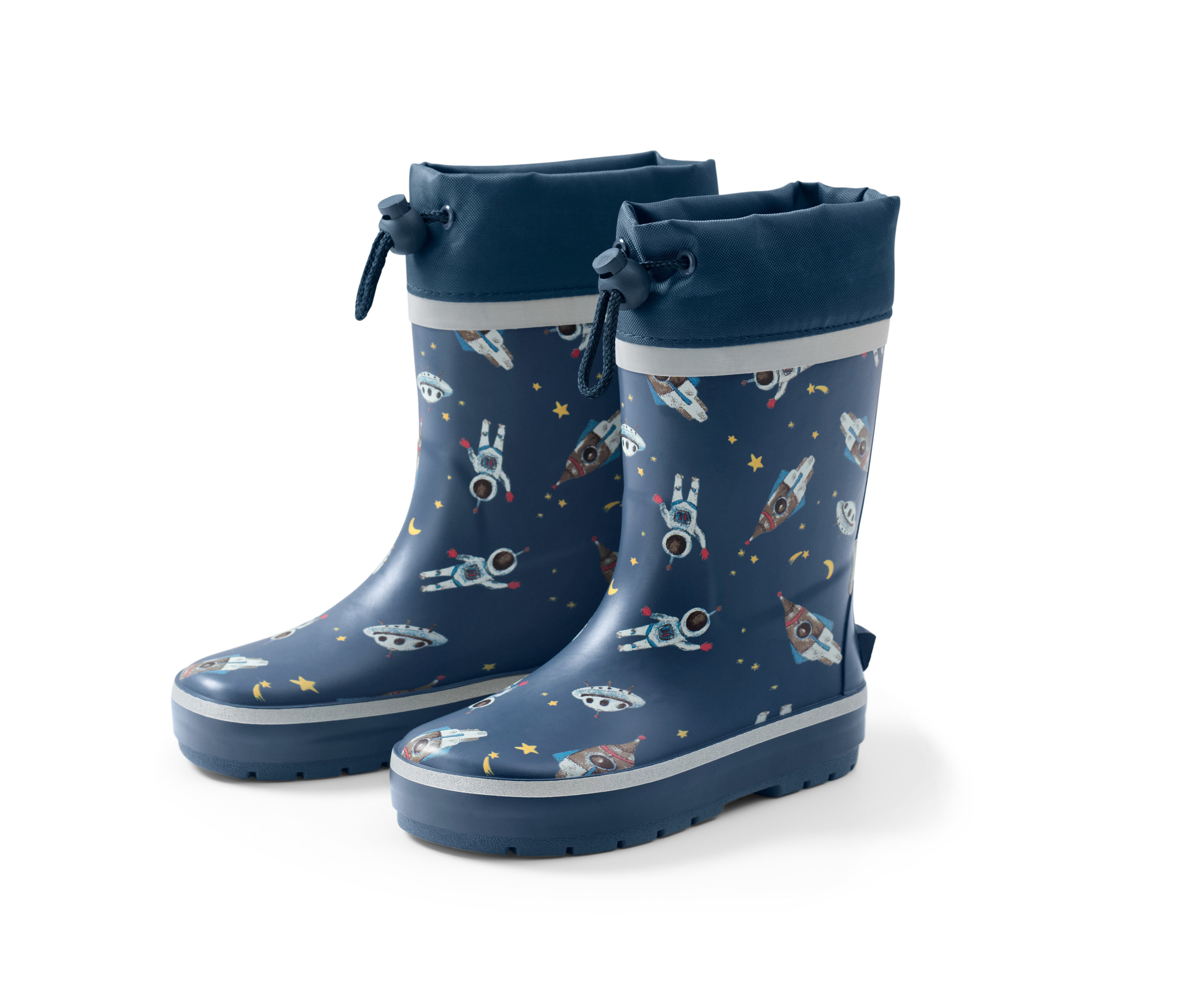Mavi, uzay desenli çocuk yağmur çizmesi