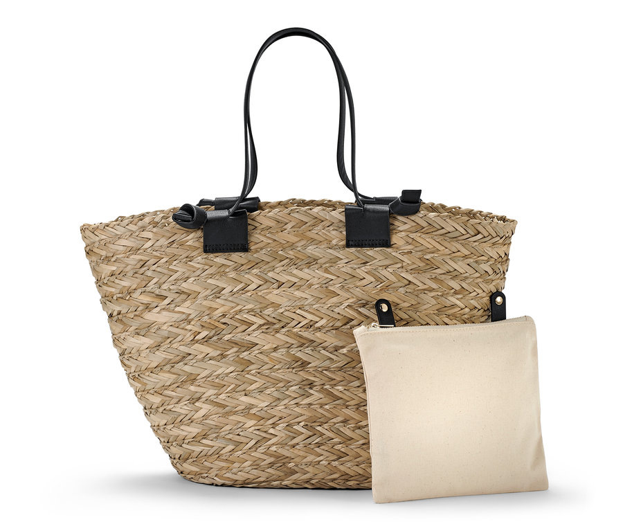 Siyah deri saplı ve kumaş çantalı Sepet Çanta.