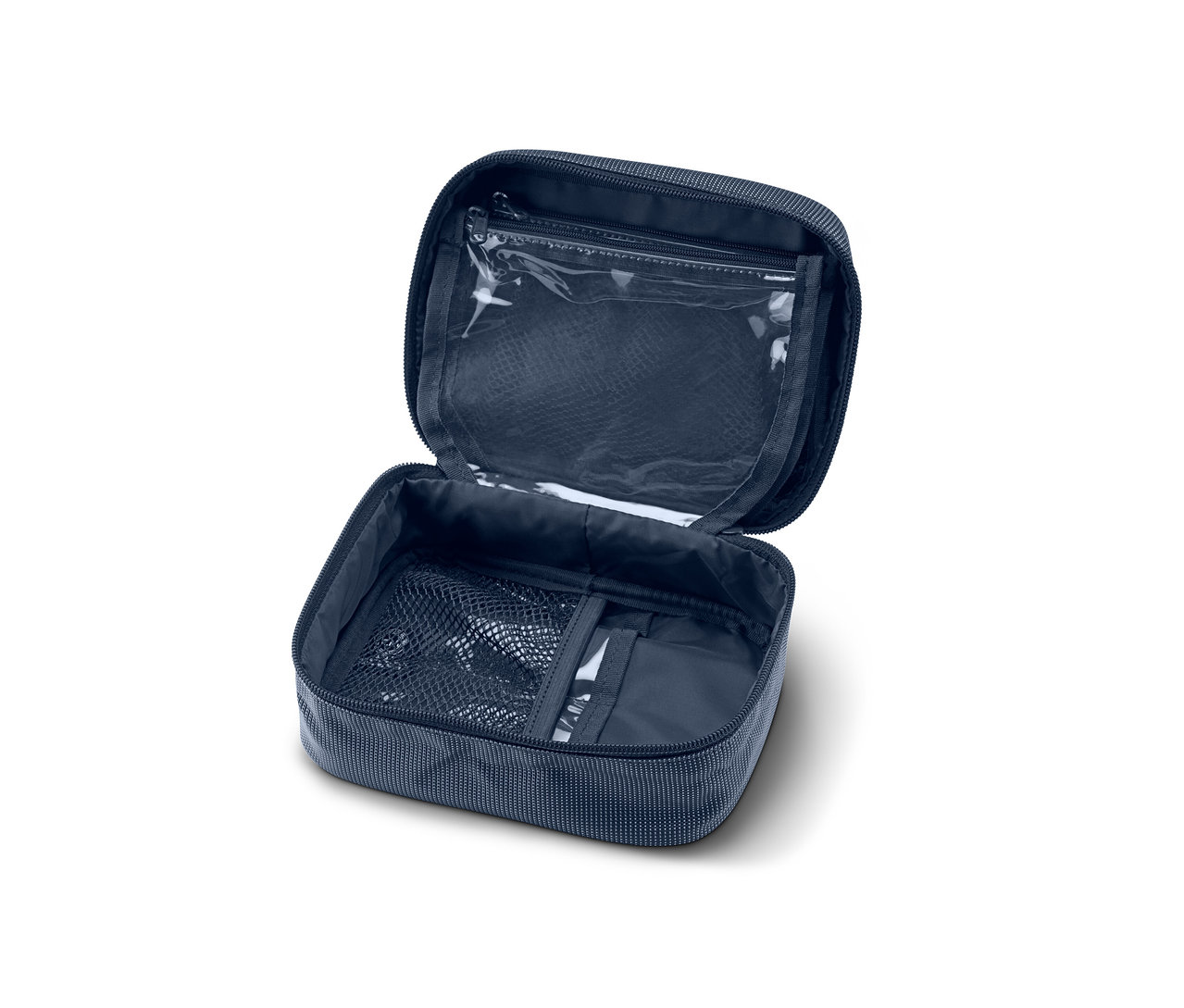 İçinde şeffaf fermuarlı cebi olan açık mavi makyaj çantası.