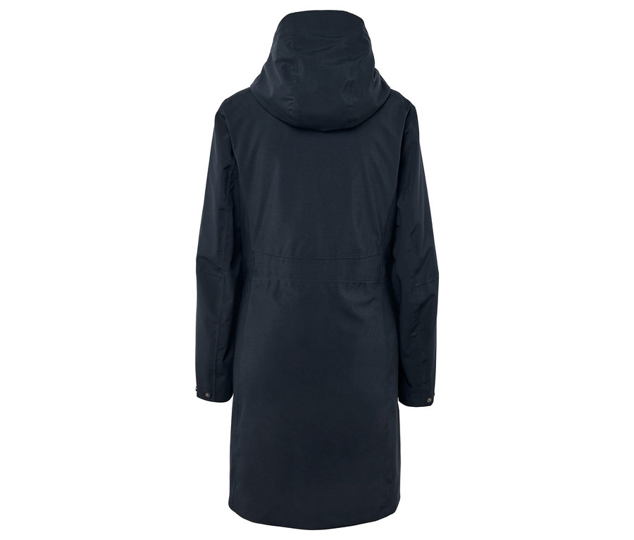 Arkadan kapüşonlu, lacivert bir manto.