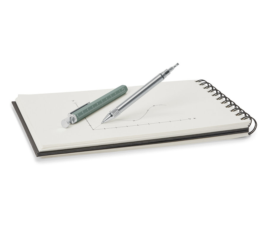 Bir not defterinin üzerinde yeşil ve gümüş renkli çok fonksiyonlu bir kalem duruyor.