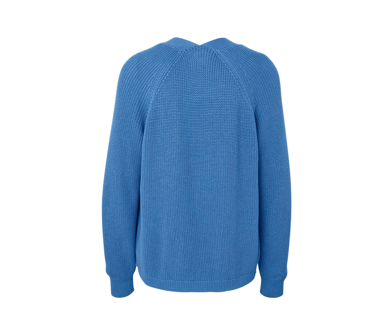 Mavi, açık bir hırkanın arka görünümü..