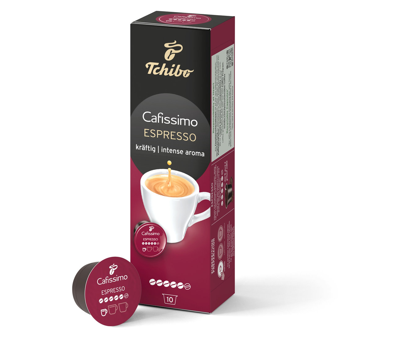 Bir kutu Cafissimo Espresso Intense Aroma 10 kapsül, tek bir kapsülün yanında duruyor.