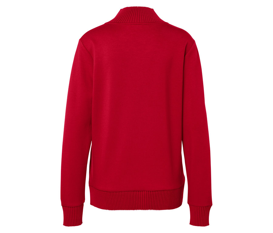 Kırmızı, fermuarlı bir sweatshirt ceketinin arka görünümü.