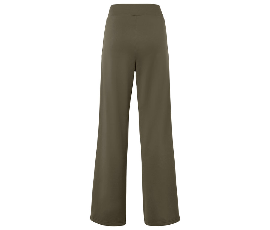 Zeytin yeşili, yüksek belli, geniş paçalı bir pantolonun arka görünümü.