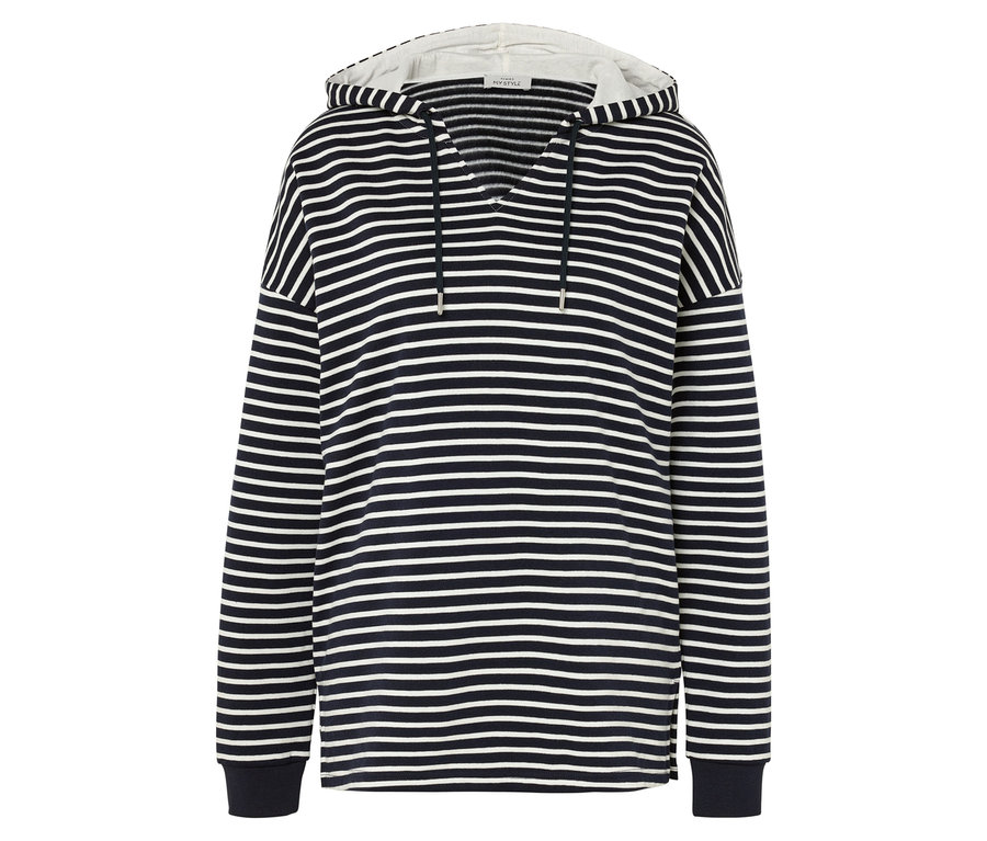 Lacivert ve beyaz çizgili kapüşonlu sweatshirt.