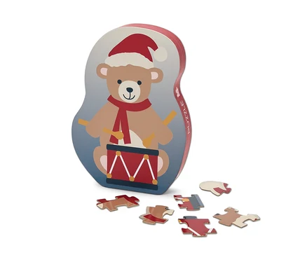Noel baba şapkalı davul çalan ayı ve altı yapboz parçası içeren yapboz kutusu. 