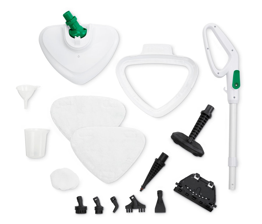 Açılmış çok fonksiyonlu buharlı paspas başlıkları ile birlikte.