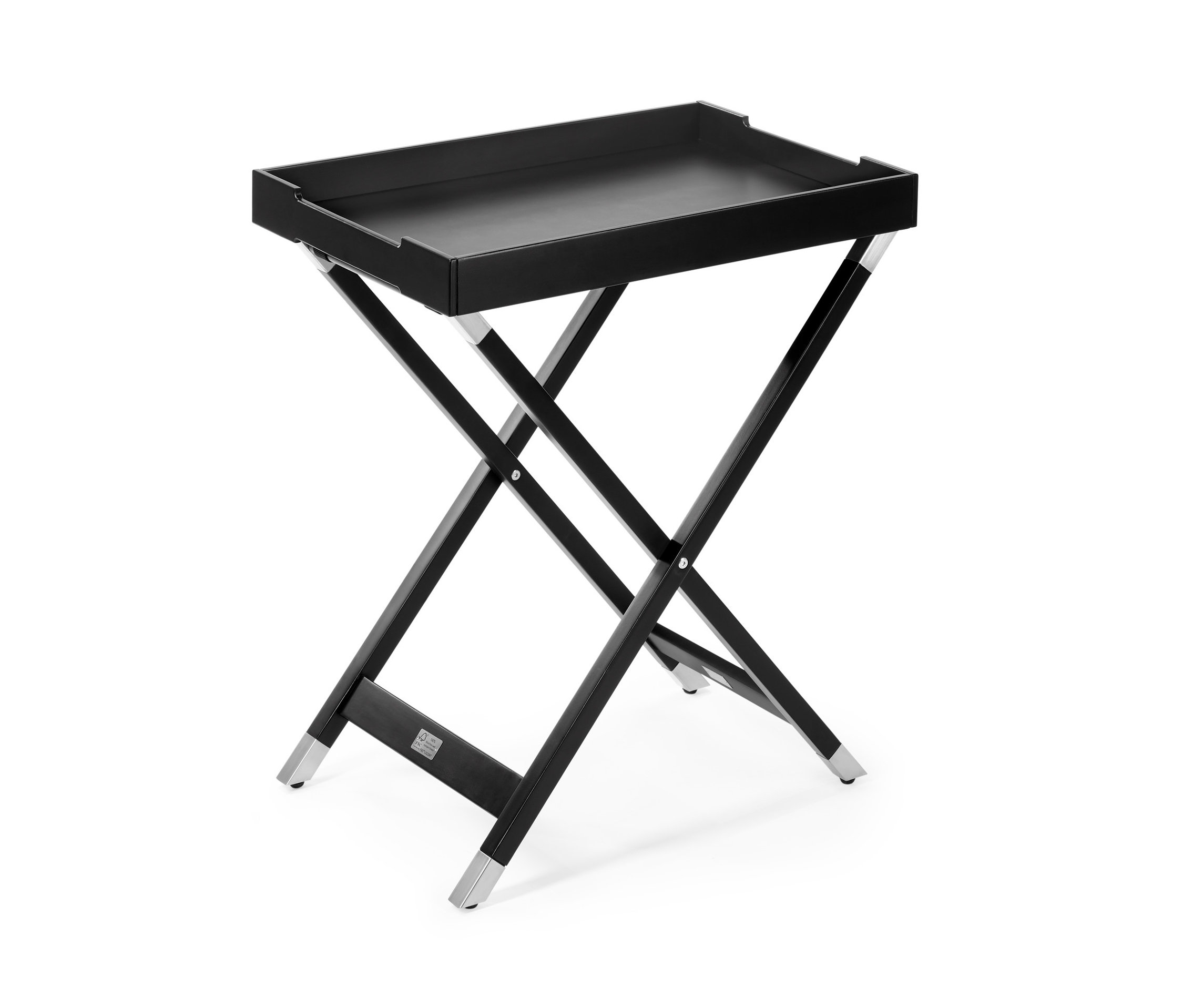 Çıkarılabilir tepsili siyah sehpa.