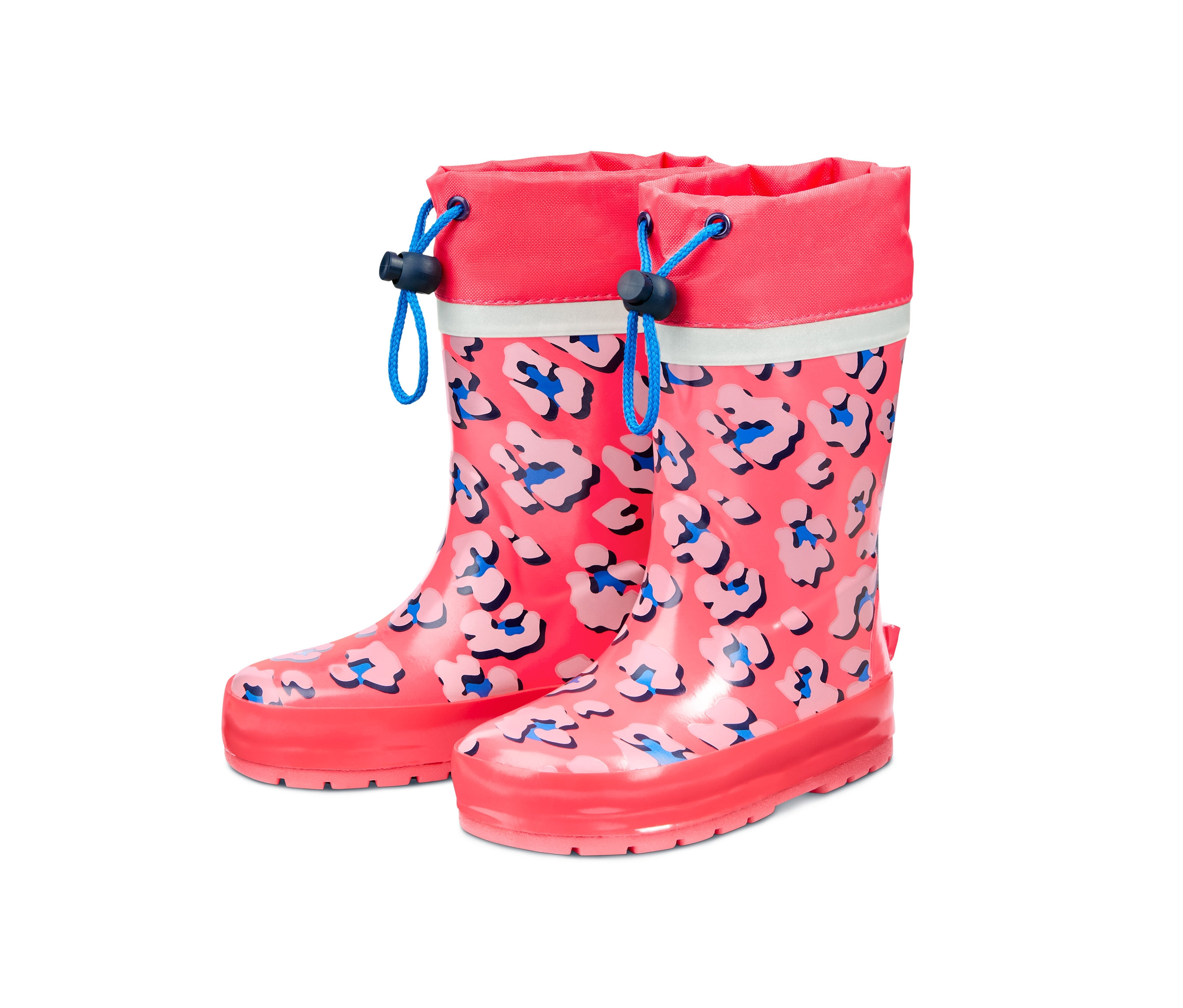 Pembe zemin üzerine mavi ve beyaz lekeler bulunan Çocuk Yağmur Çizmesi.