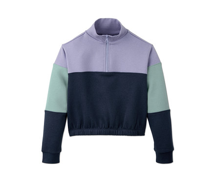 Kısa fermuarlı, açık mor üst kısmı, koyu mavi orta kısmı ve mavi-yeşil kolları olan sweatshirt.