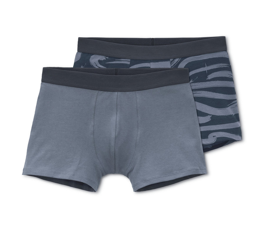 İki adet slip boxer: biri mavi, biri desenli.