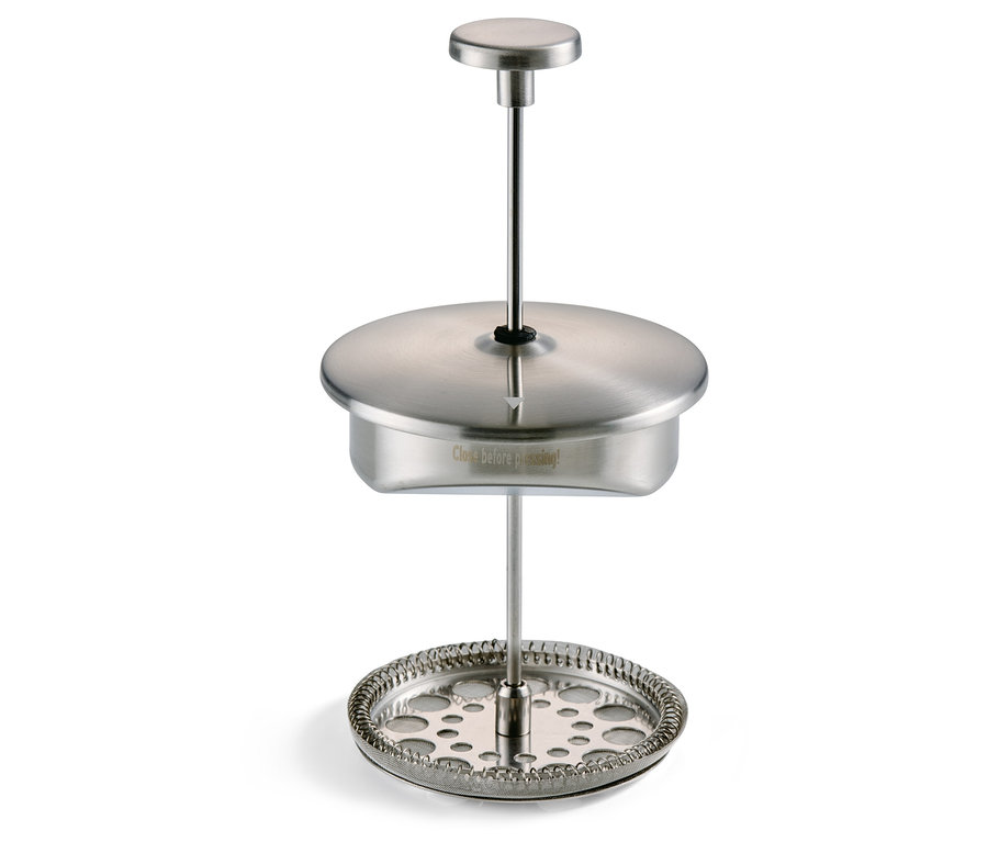 900 ml'lik, çift cidarlı, çelik French Press'in detayı.