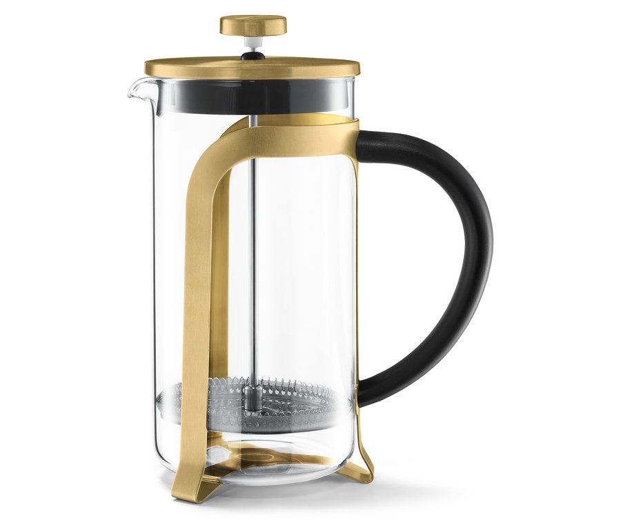Beyaz bir arka plan üzerinde, siyah saplı, altın rengi, 6 fincan kapasiteli, 800 ml'lik French Press.
