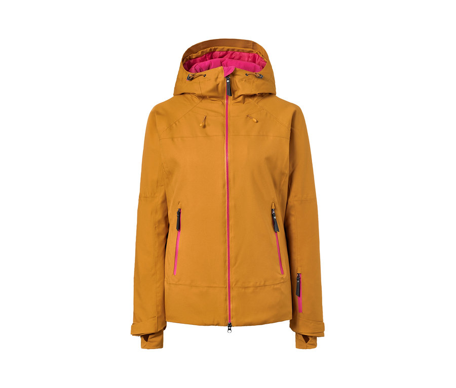 Pembe detaylı sarı kayak montu.