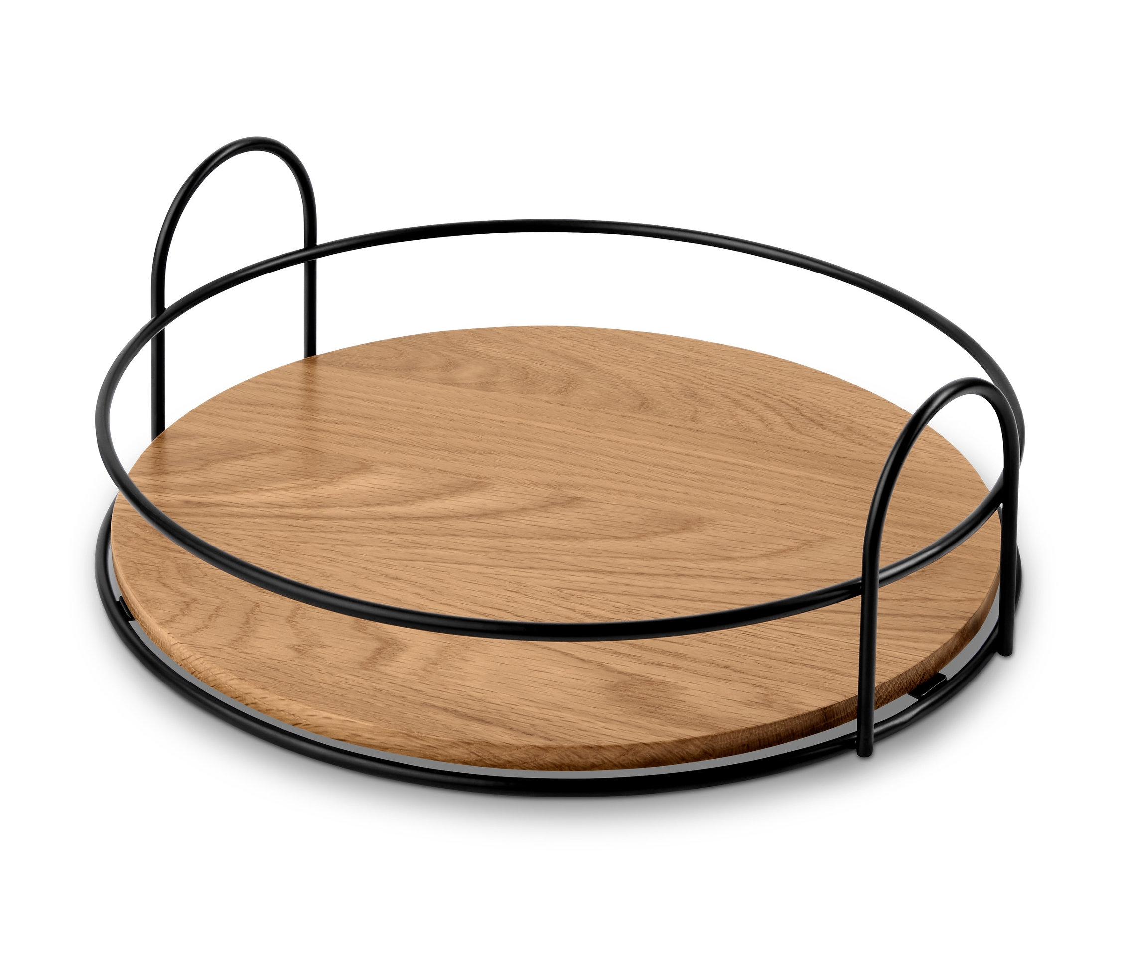 Ahşap tabanlı ve siyah metal çerçeveli dekoratif bir tepsinin önden görünümü.