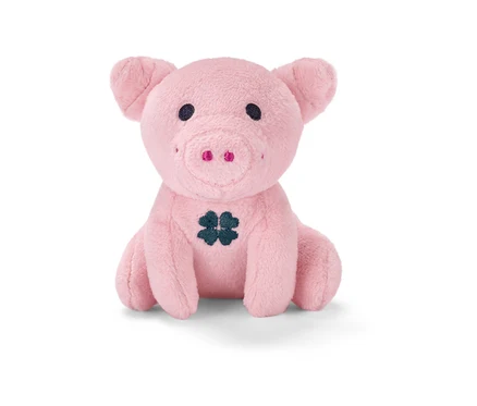 Karnında siyah yonca bulunan oturan pembe peluş Ses Çıkaran Şans Domuzu.