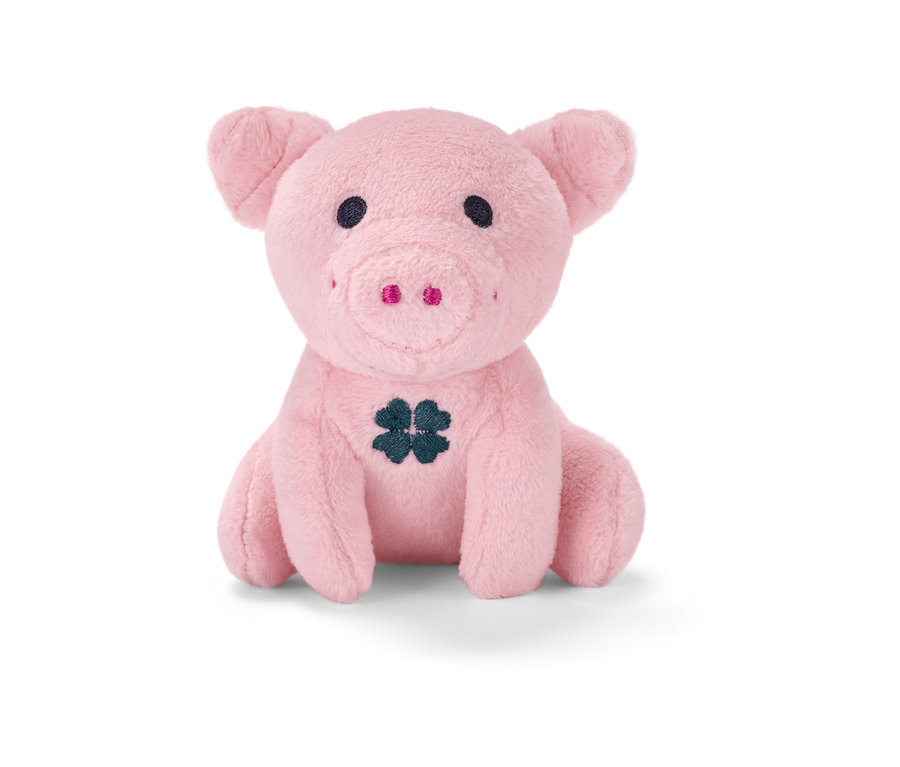 Karnında siyah yonca bulunan oturan pembe peluş Ses Çıkaran Şans Domuzu.
