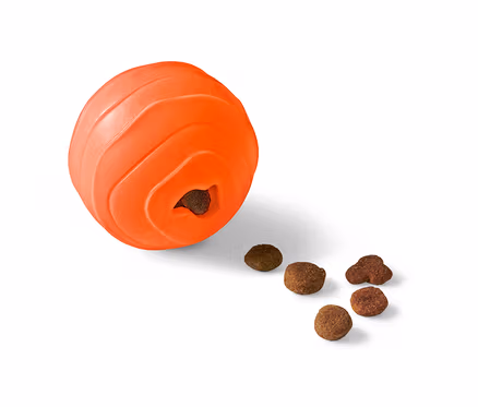 Yem düşen açıklığı olan turuncu köpek oyuncağı »Snackball«.