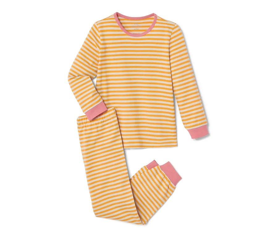 Pembe detaylı, sarı-beyaz çizgili 2 Adet Küçük Çocuk Pijama Takımı.
