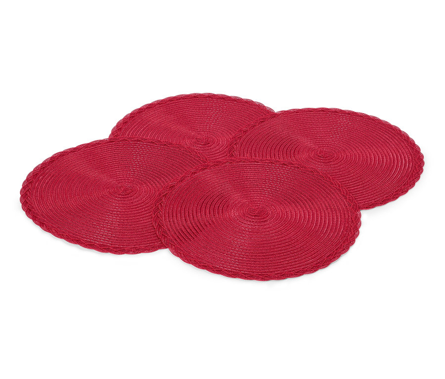 Beyaz bir arka plan üzerinde dört adet kırmızı, yuvarlak amerikan servisi.