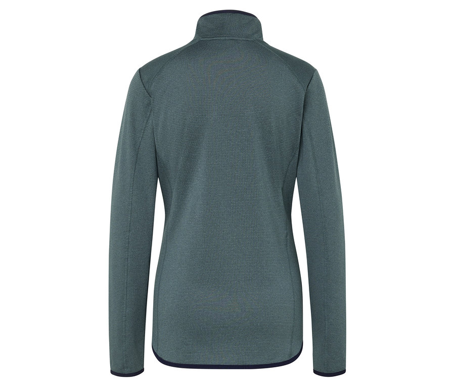 Tam boy fermuarlı yeşil polar ceketin arka görünümü.