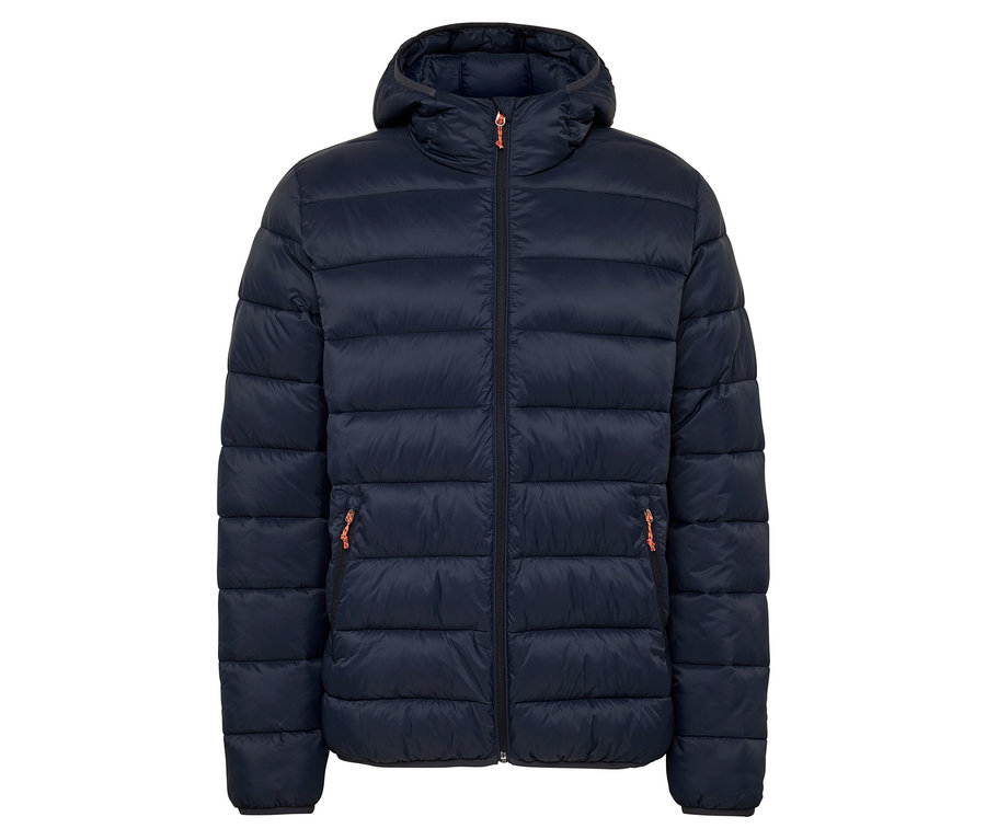 Kapüşonlu ve turuncu fermuar detaylı lacivert şişme mont.