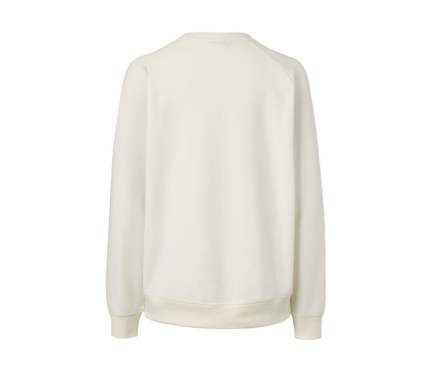 Doğal beyaz organik pamuklu yoga sweatshirt'ün arka görünümü.