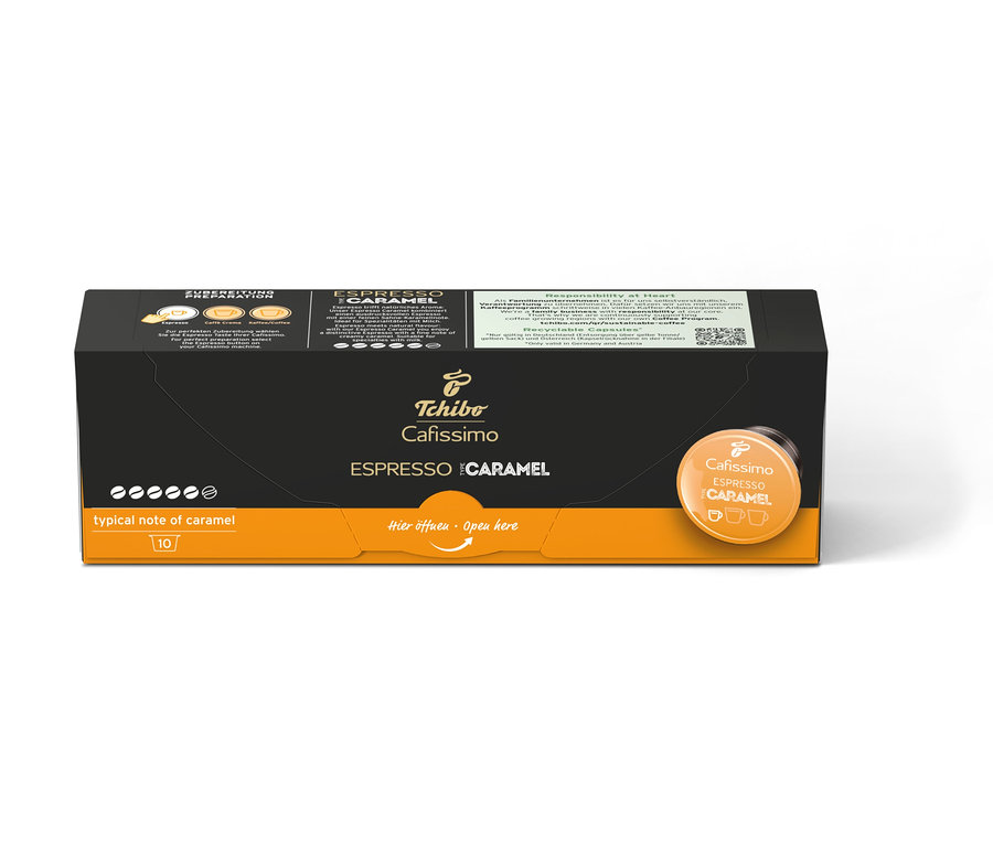 Bir paket Cafissimo Flavoured Edition Espresso Caramel, 10 kapsül içerir.
