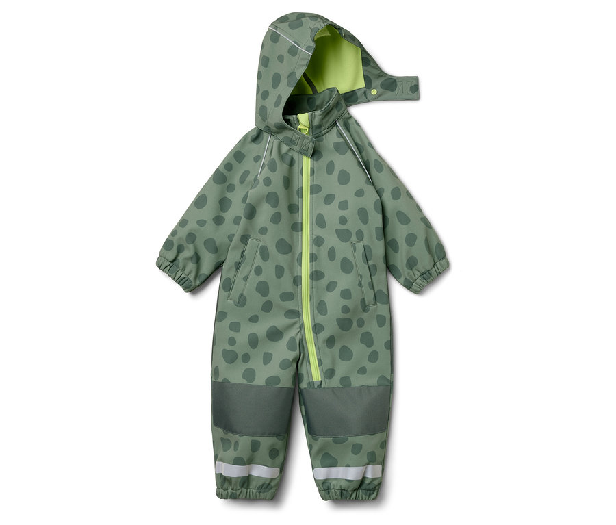 Kapüşonlu, koyu yeşil puantiyeli, sarı fermuarlı ve açık yeşil kapüşon iç kısmı olan yeşil tulum.