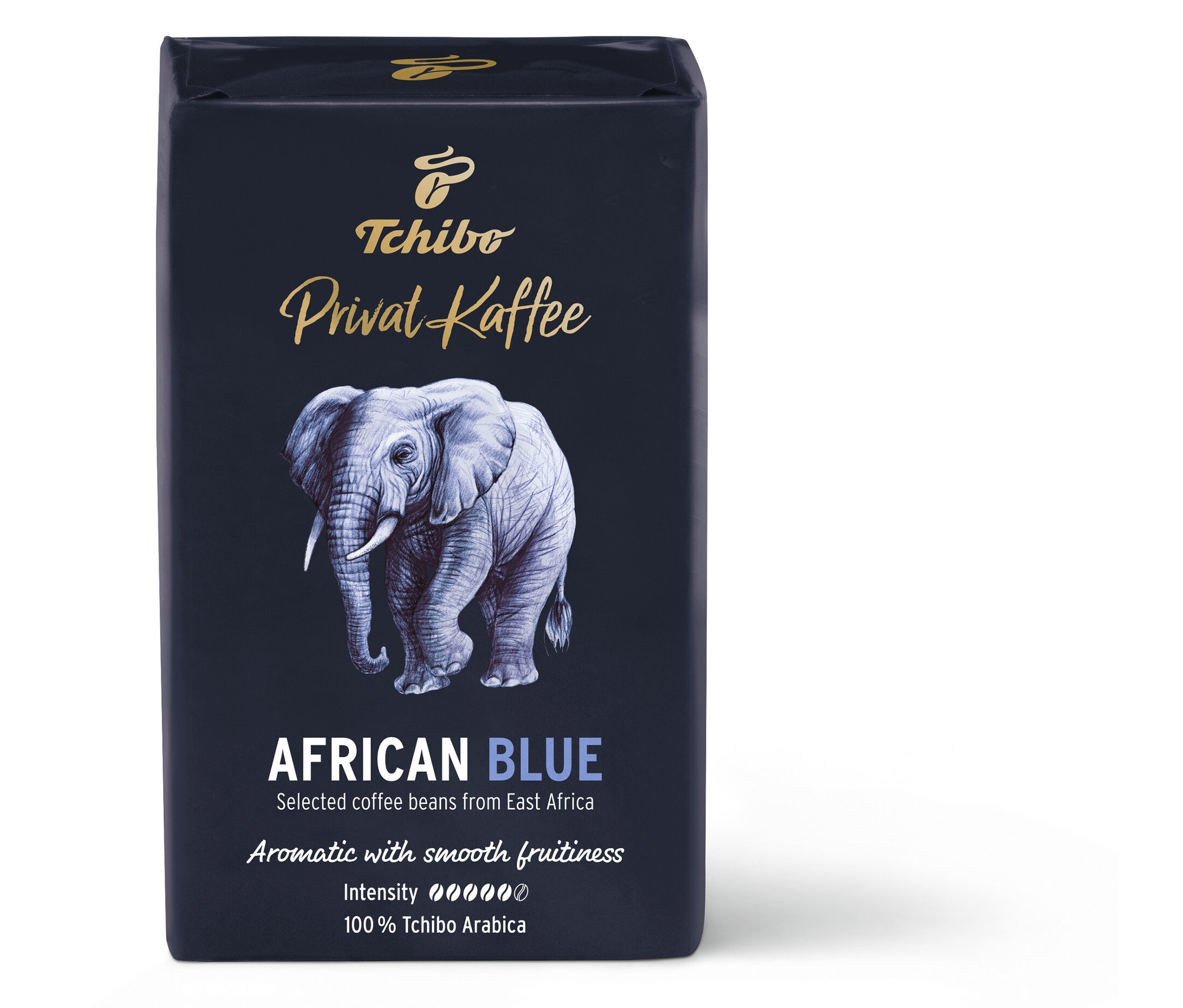Fil öğütülmüş, fil resimli Privat Kaffee African Blue paketi.