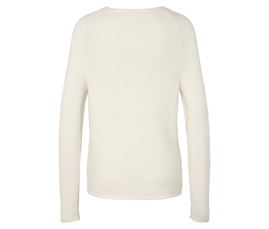 Krem rengi, uzun kollu bir kazağın arka görünümü.