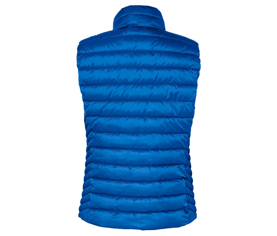 Mavi kapitone yeleğin arka görünümü.