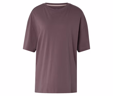 Mauve rengi, kısa kollu, bisiklet yakalı ve bol kesim spor tişört.