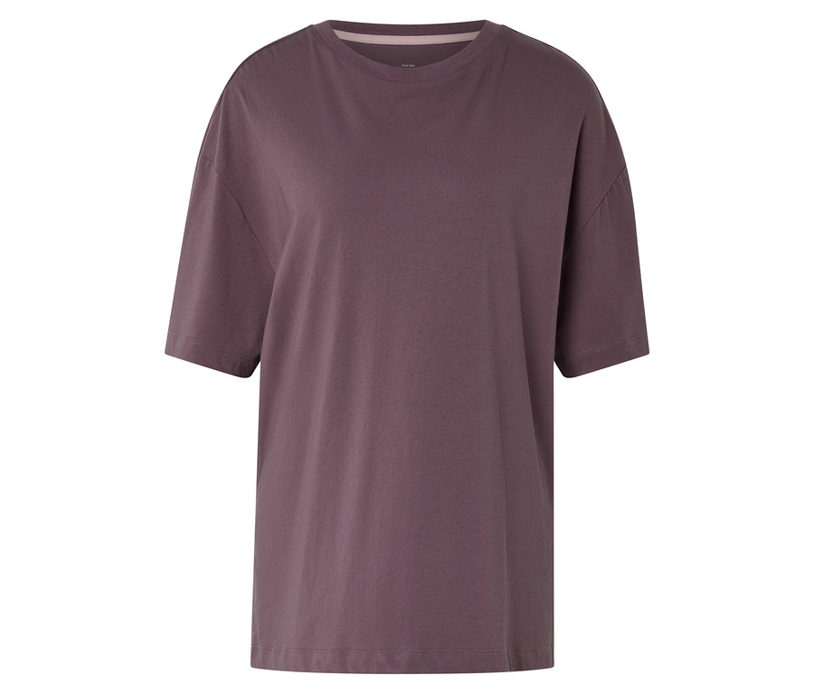 Mauve rengi, kısa kollu, bisiklet yakalı ve bol kesim spor tişört.