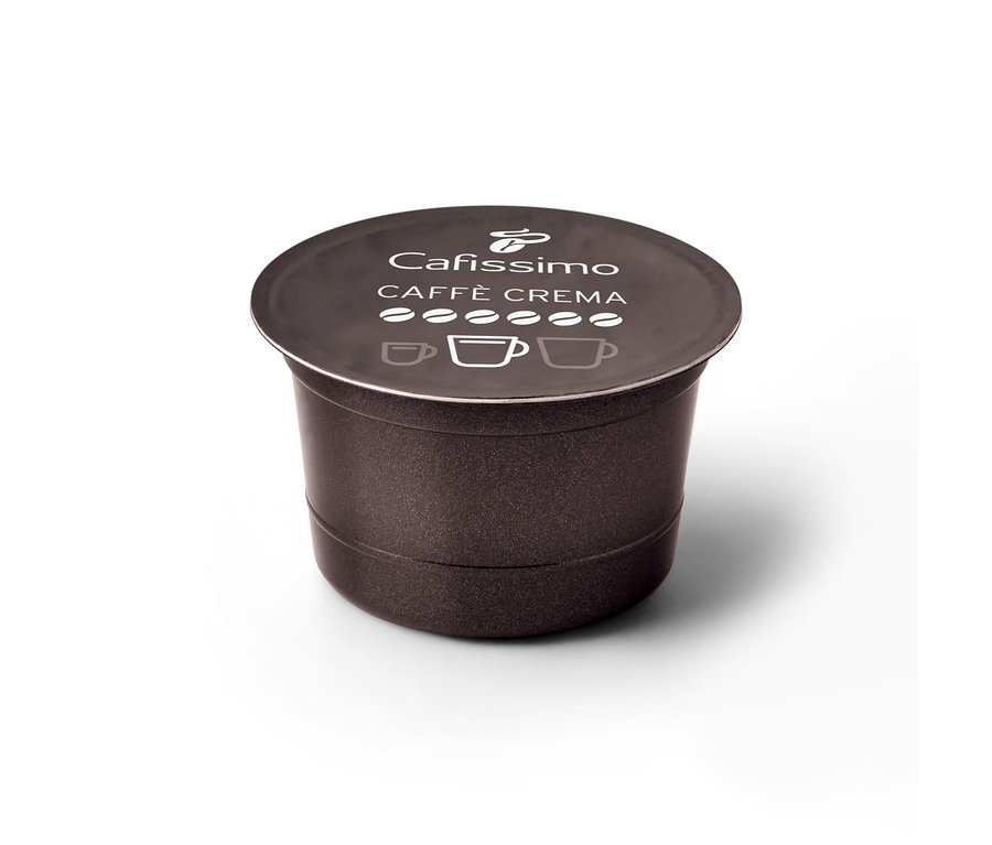 Koyu kahverengi Caffè Crema Intense Aroma kapsülü, kapağında beyaz yazı ve yoğunluk göstergesi bulunuyor.