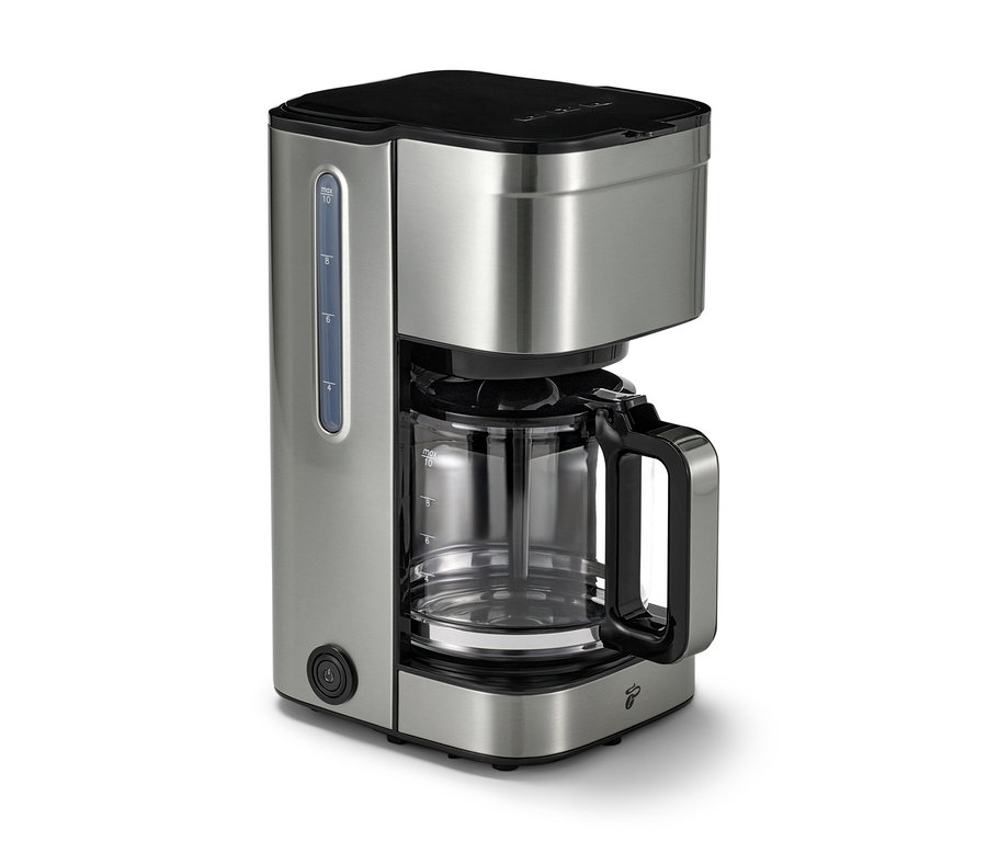 Gümüş renkli »Let's Brew Elegant« Filtre Kahve Makinesi'nin yakın çekim görüntüsü.