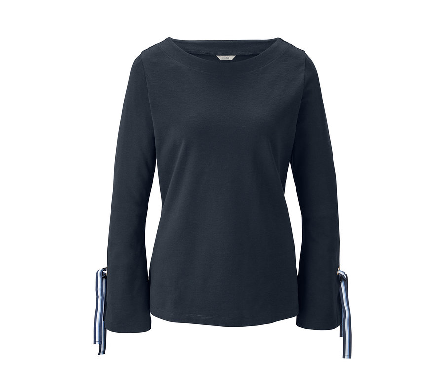 Lacivert, kolları volanlı sweatshirt.