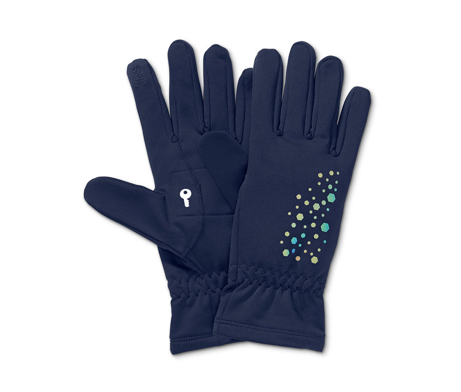 Puantiye ve anahtar motifi olan lacivert koşu eldivenleri.